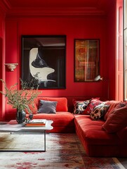 Red Room Interior Design Featuring Sectional Sofa And Artwork