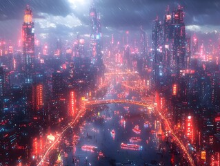 Obraz premium A futuristic cityscape with a glowing fiber optic labyrinth shimmering towers and pulsing iridescent cables