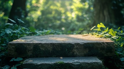 Obraz premium Rustic stone tabletop in a lush outdoor garden, framed by blurred tropical leaves