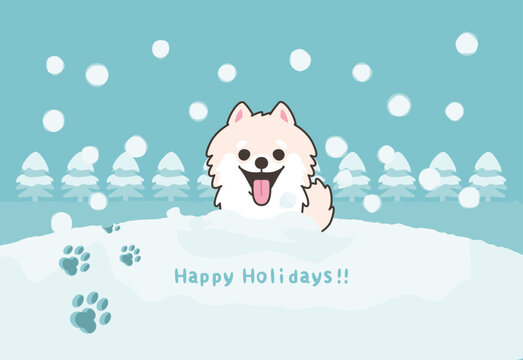Happy Holidays!!冬の挨拶や寒中見お舞いなどポストカードに使える犬(ポメラニアン)が雪に埋まって楽しく遊ぶイラスト