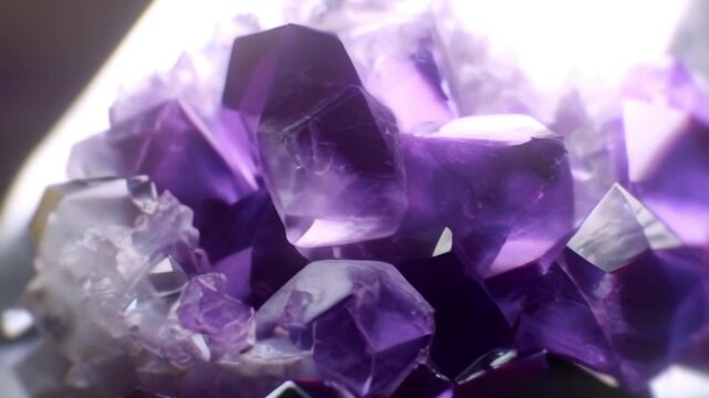Abstract animation with smooth motion around a purple amethyst crystal on a dark background. Dynamic play of light and depth of field enhances the facets and textures of the crystal