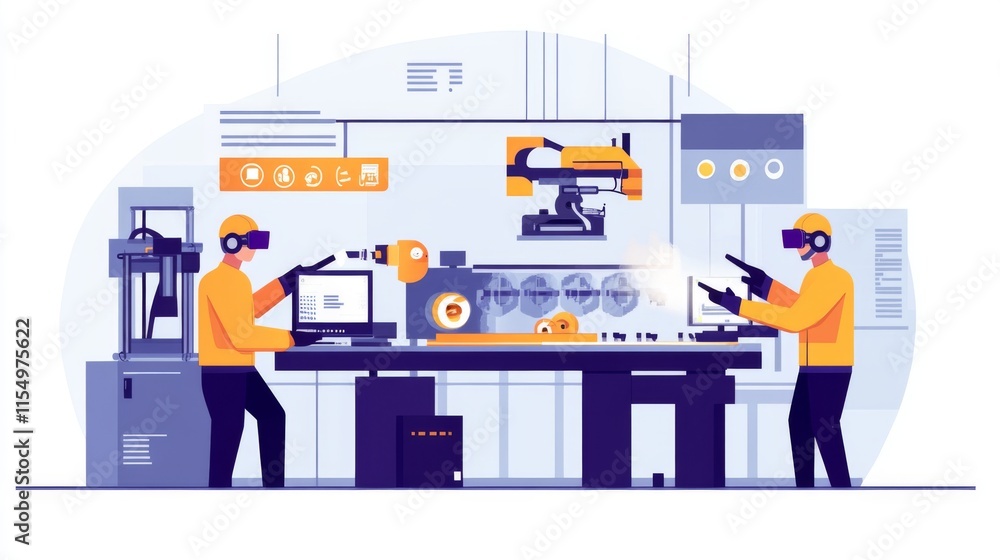 Aufkleber two engineers in vr headsets operate robotic machinery in a modern factory.