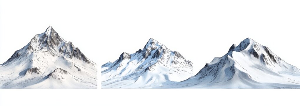 Three snow-capped mountain peaks isolated on white background.
