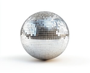 Silver disco ball on white background.