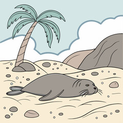 Naklejka premium A peaceful Hawaiian Monk Seal resting on the beach, perfect for nature lovers and tropical-themed designs.