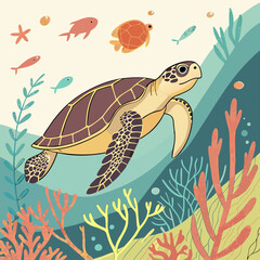 A detailed illustration of a Hawksbill sea turtle gracefully wandering through a vibrant coral reef, showcasing the beauty of marine life in its natural habitat.