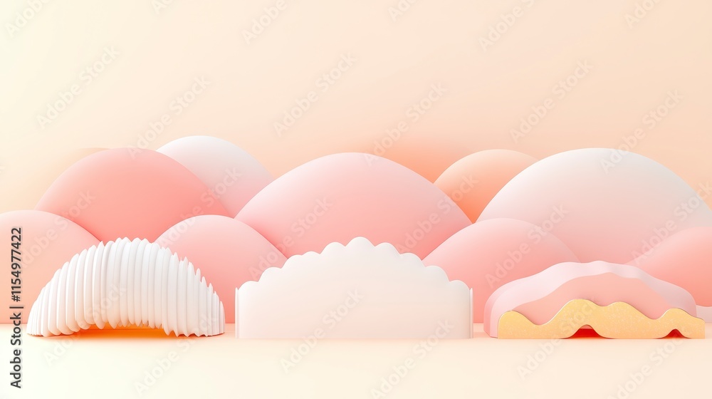 Poster a minimalistic arrangement of soft pink shapes resembling mountains, with a few layered textures for
