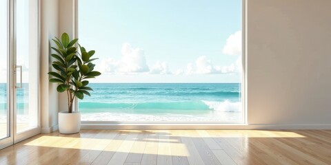 Fototapeta premium Serene Coastal Living Room with Ocean View and Potted Plant