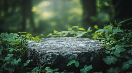 Obraz premium Rustic stone tabletop in a lush outdoor garden, framed by blurred tropical leaves