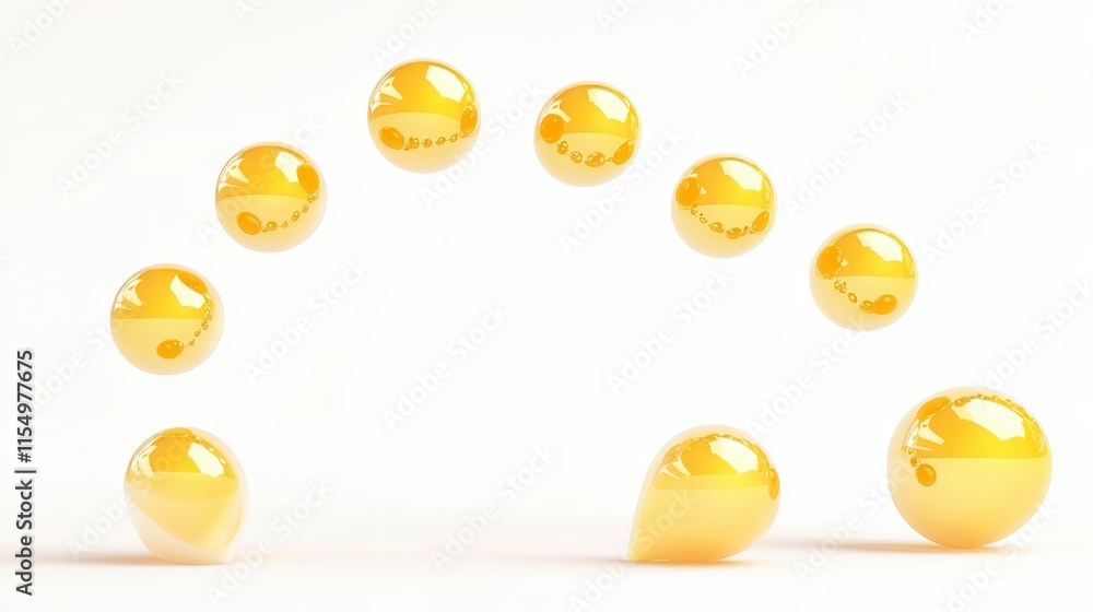 Poster a series of glossy yellow spheres arranged in an arc, creating a playful and vibrant visual effect a