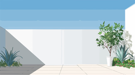 Serene White Wall Garden with Blue Sky Background