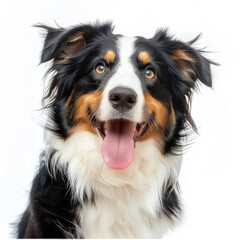 A close-up portrait of a happy dog with a joyful expression against a white background.