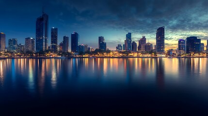 Obraz premium City Skyline at Dusk with Reflections. Urban Landscape, Modern Architecture, Night City.