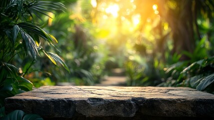 Obraz premium Weathered stone tabletop in a tropical garden, surrounded by vibrant blurred greenery