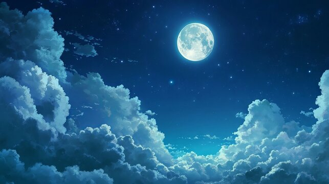 Fototapeta Enchanting pastel anime night sky featuring soft clouds, a glowing moon, and twinkling stars – vivid hd wallpaper