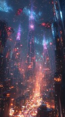 Fototapeta premium A futuristic cityscape with a glowing fiber optic labyrinth shimmering towers and pulsing iridescent cables
