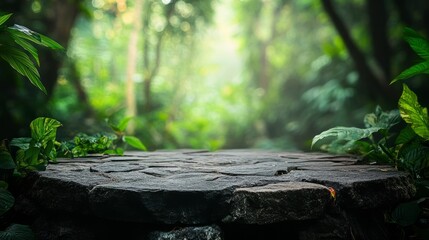Weathered stone tabletop in a tropical garden, surrounded by vibrant blurred greenery