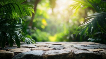 Weathered stone tabletop in a tropical garden, surrounded by vibrant blurred greenery
