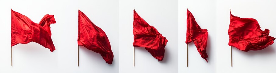 Four red flags waving in different positions against a white background.