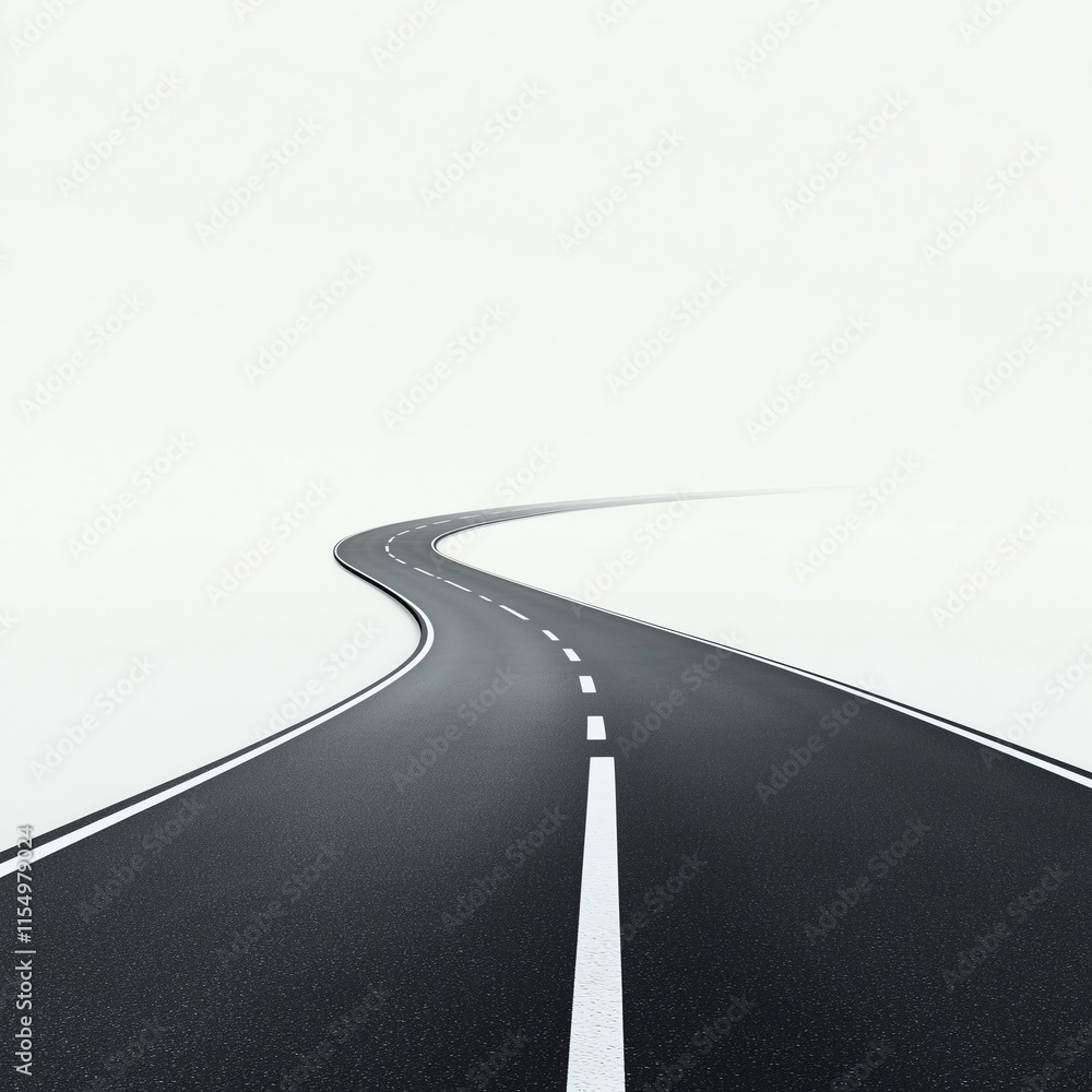 Poster an abstract minimalist highway with a smooth curve leading to the horizon, set on a white canvas, em