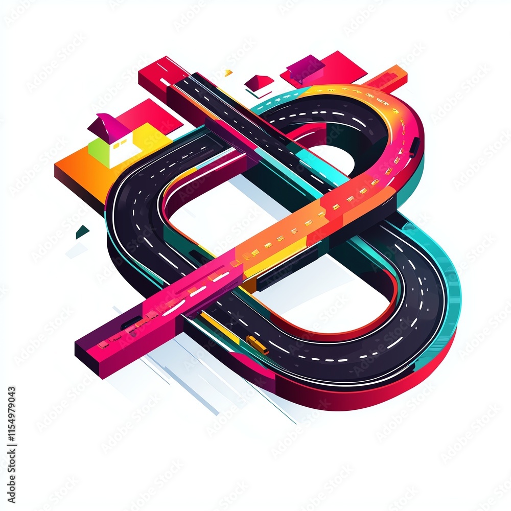 Poster a modern abstract vector illustration of a highway designed as a looping infinity symbol, featuring 