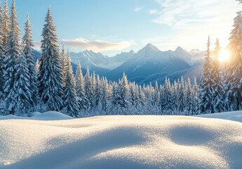 Obraz premium Majestic Snow-Covered Mountains Surrounded by Evergreen Trees Under a Clear Blue Sky at Sunrise, Capturing the Beauty of Winter Nature