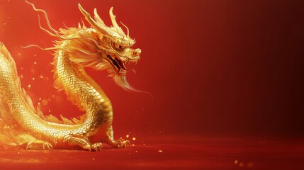 Obraz premium A Majestic Golden Dragon on Red Background