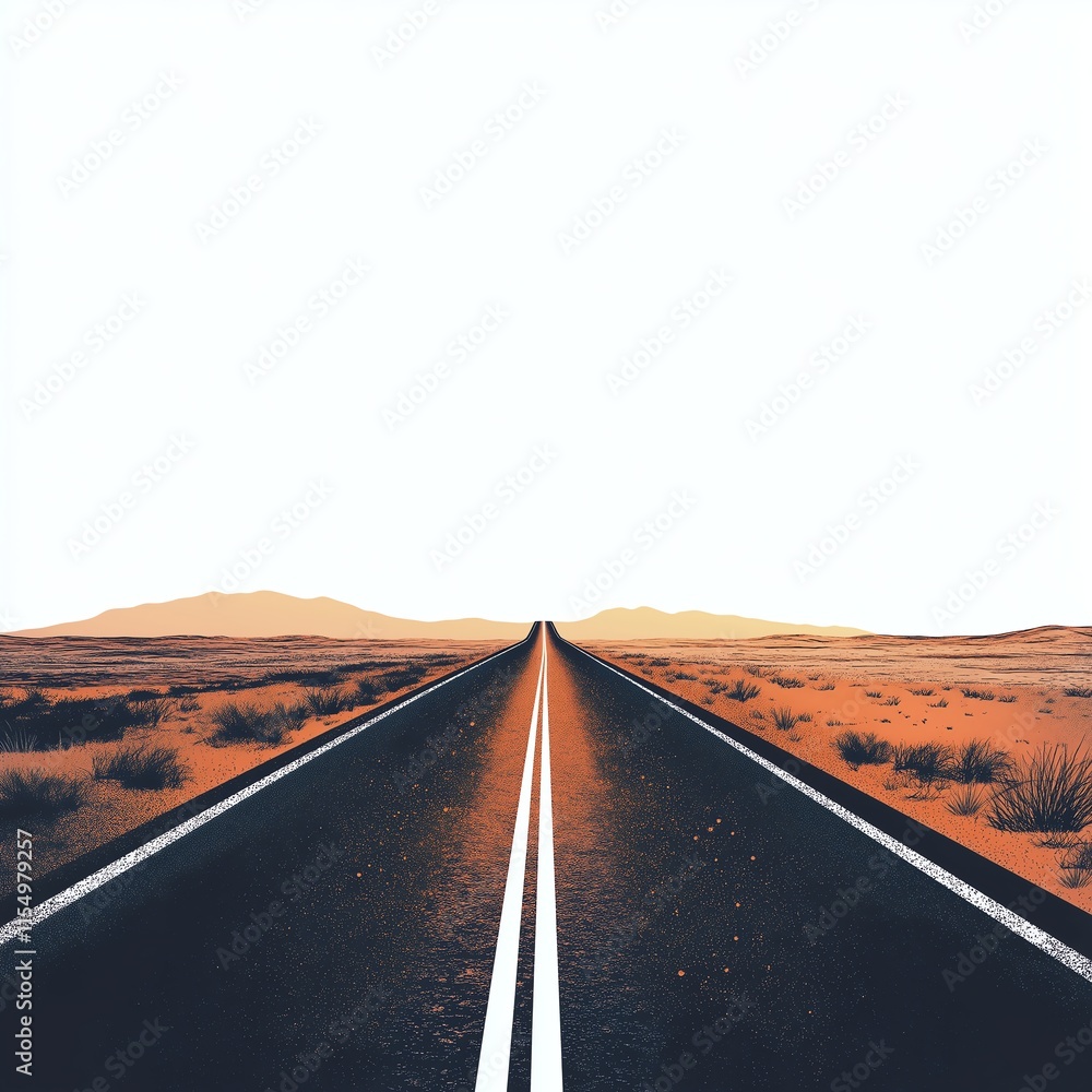 Poster a vector illustration of a long, empty road stretching into the horizon with subtle gradients and sh