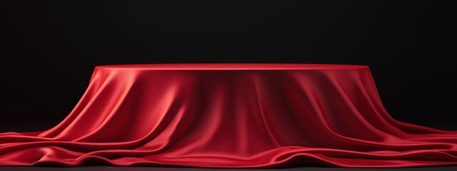 Red silk cloth draped over a round table against a black background.