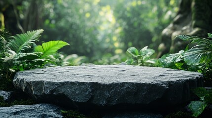Obraz premium Weathered stone tabletop in a tropical garden, surrounded by vibrant blurred greenery