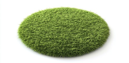 Lush green circular patch of grass isolated on white background.