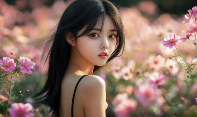 Naklejka premium A beautiful Eastern woman standing in the garden