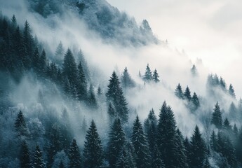 Majestic Winter Forest Scene with Pine Trees Covered in Snow and Mystical Fog Rolling Through the Mountains Under a Soft Cloudy Sky