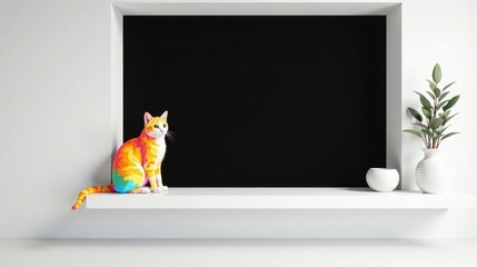 A vibrant feline companion sits on a minimalist shelf, showcasing a playful contrast against a dark backdrop and simple d?cor