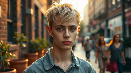 Androgynous person with short blonde hair standing in an urban street at golden hour.