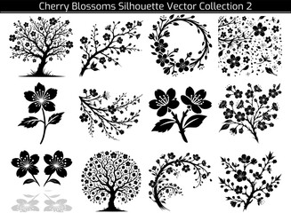 Set of Cherry Blossoms Silhouette Vector Illustration