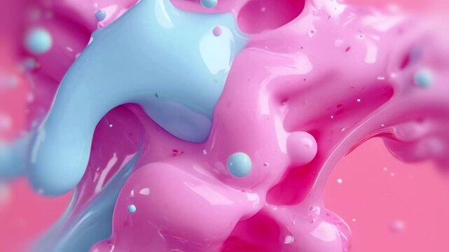 Delicate animation of an abstract composition where pastel pinks and blues shimmer and flow. Smooth lines move, drips and splashes add vibrancy, creating volume and weightlessness