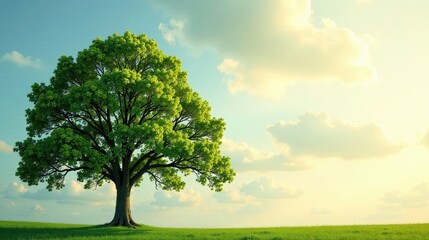 Fototapeta premium Serene Landscape Featuring a Majestic, Lush Green Tree Under a Peaceful, Sunny Sky