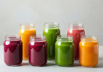 Vibrant Row of Colorful Smoothies – A Refreshing Display Baclground
