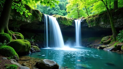 Fototapeta premium Serene Waterfall Cascading into a Lush Emerald Pool, Surrounded by Vibrant Green Foliage and Mossy Rocks