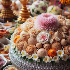 42 Close Up The intricate offerings of food and flowers at a tem