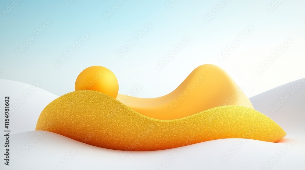 Poster a smooth, abstract landscape featuring a yellow shape resembling a lounge and a spherical object aga