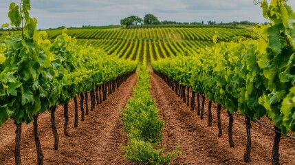Vineyard Rows Under Overcast Sky in Macro Detail