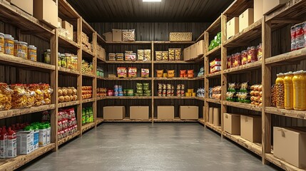 A pantry filled with various food items and supplies on wooden shelves.