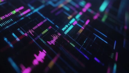 Abstract digital data streams, glowing neon lines and points on dark background.