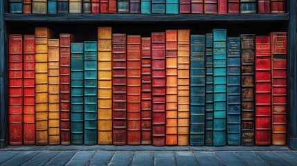 Fototapeta premium A colorful bookshelf filled with vintage books.
