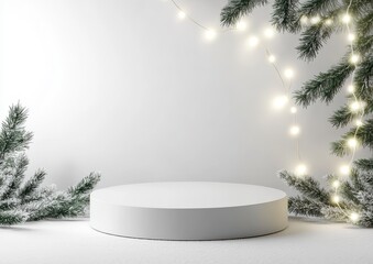 Minimalistic White Display Platform Surrounded by Snowy Pine Branches and Soft Glowing Lights Perfect for Winter-Themed Product Showcases and Holiday Displays