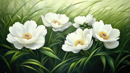 Elegant White Flowers Surrounded by Lush Green Grass in Nature