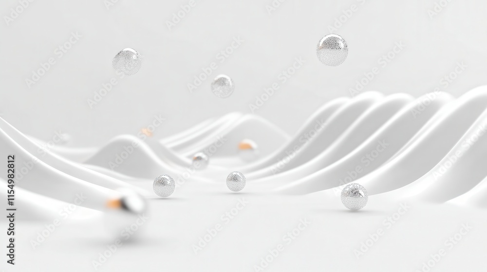 Aufkleber a serene, minimalist scene featuring soft white waves and floating metallic spheres, creating a tran
