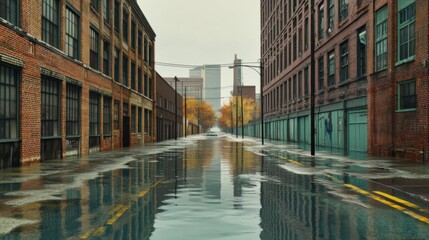 Flooded Urban Streets Under Overcast Sky